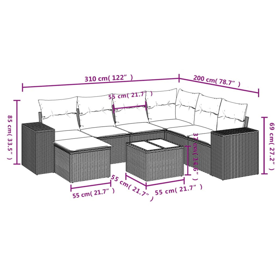 8-delige Loungeset met kussens poly rattan zwart