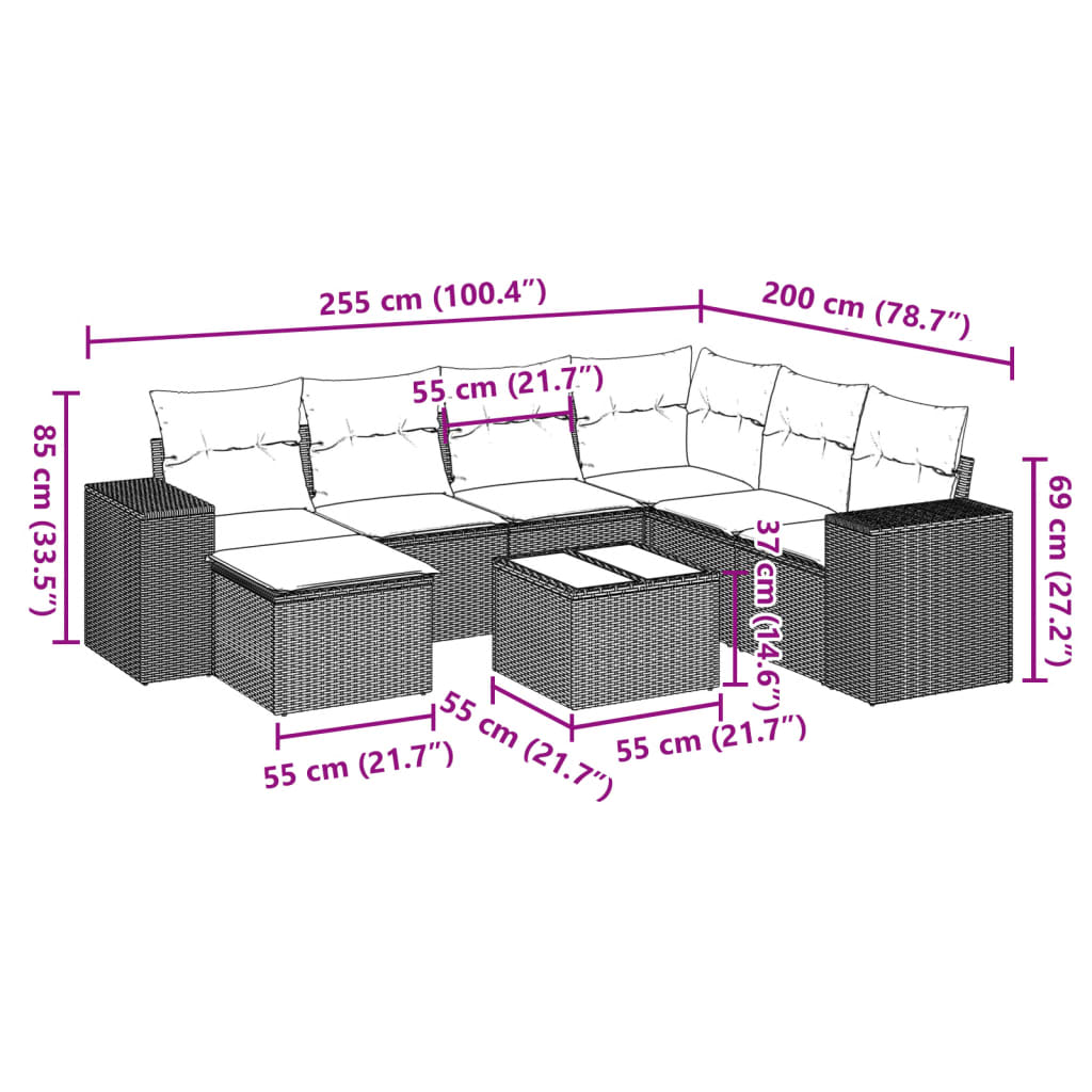 8-delige Loungeset met kussens poly rattan lichtgrijs