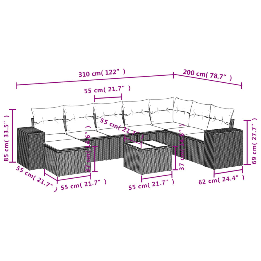 9-Delige Loungeset Met Kussens Poly Rattan Zwart