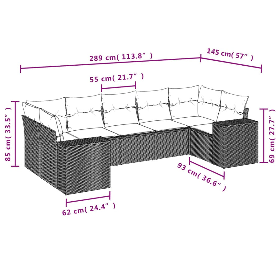7-delige Loungeset met kussens poly rattan bruin