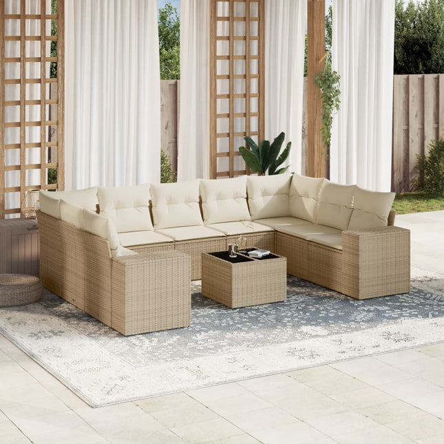 10-Delige Loungeset Met Kussens Poly Rattan Beige