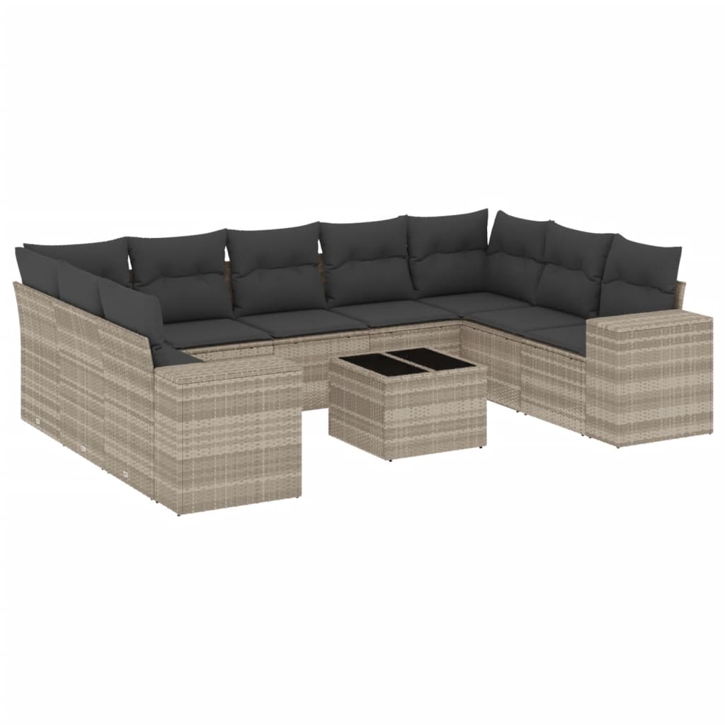 10-delige Loungeset met kussens poly rattan lichtgrijs