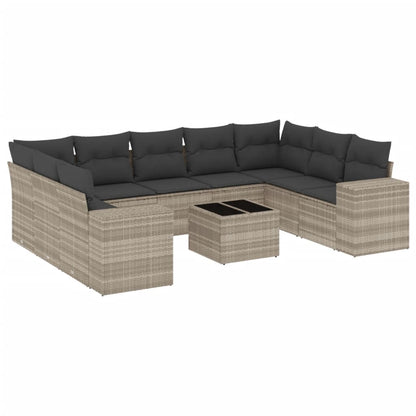 10-delige Loungeset met kussens poly rattan lichtgrijs