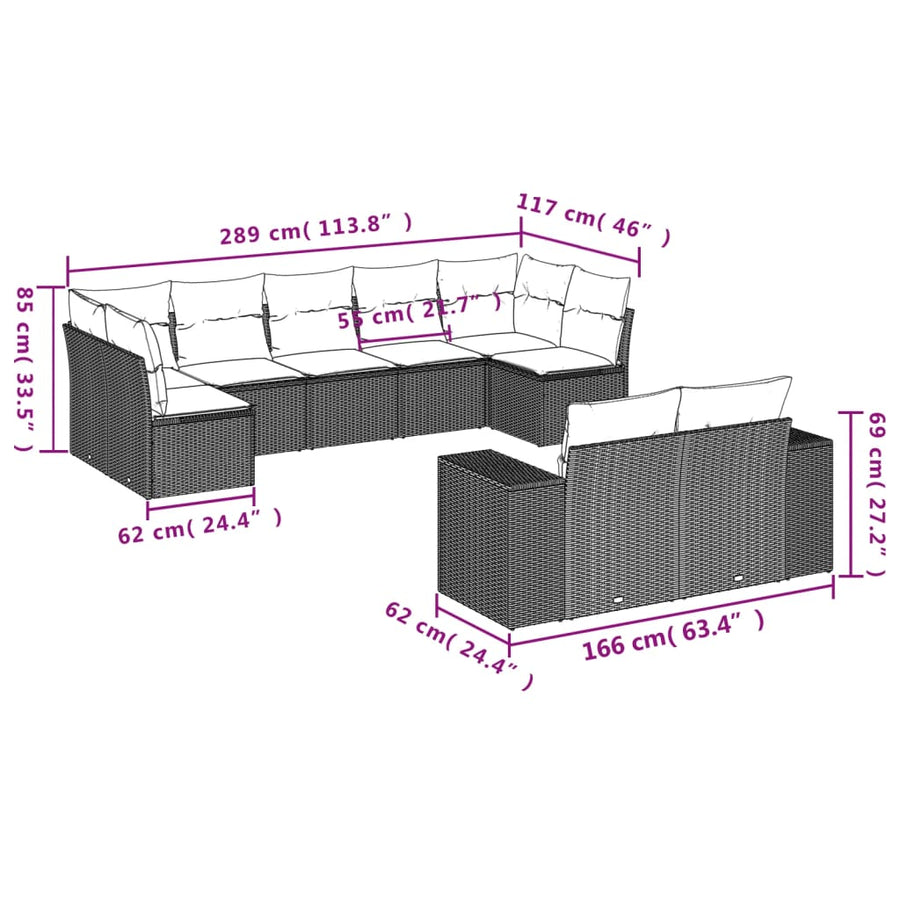 9-Delige Loungeset Met Kussens Poly Rattan Zwart