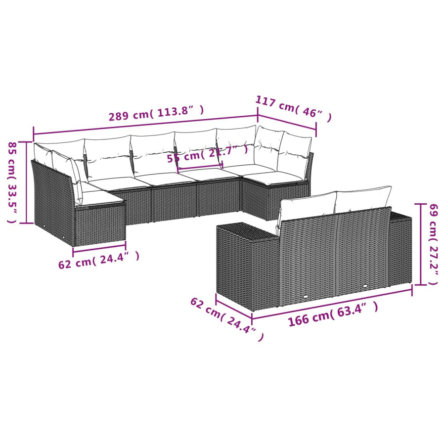 9-Delige Loungeset Met Kussens Poly Rattan Grijs