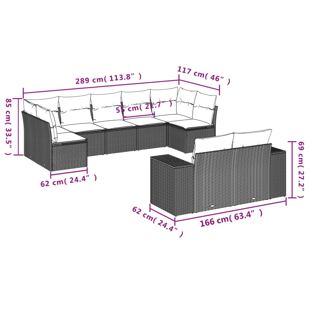 9-delige Loungeset met kussens poly rattan lichtgrijs