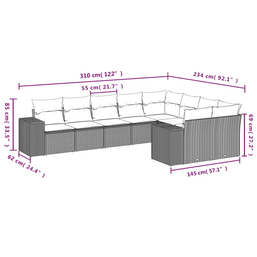 9-Delige Loungeset Met Kussens Poly Rattan Zwart