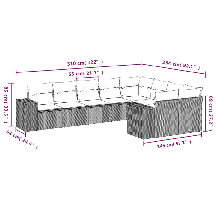 9-Delige Loungeset Met Kussens Poly Rattan Grijs