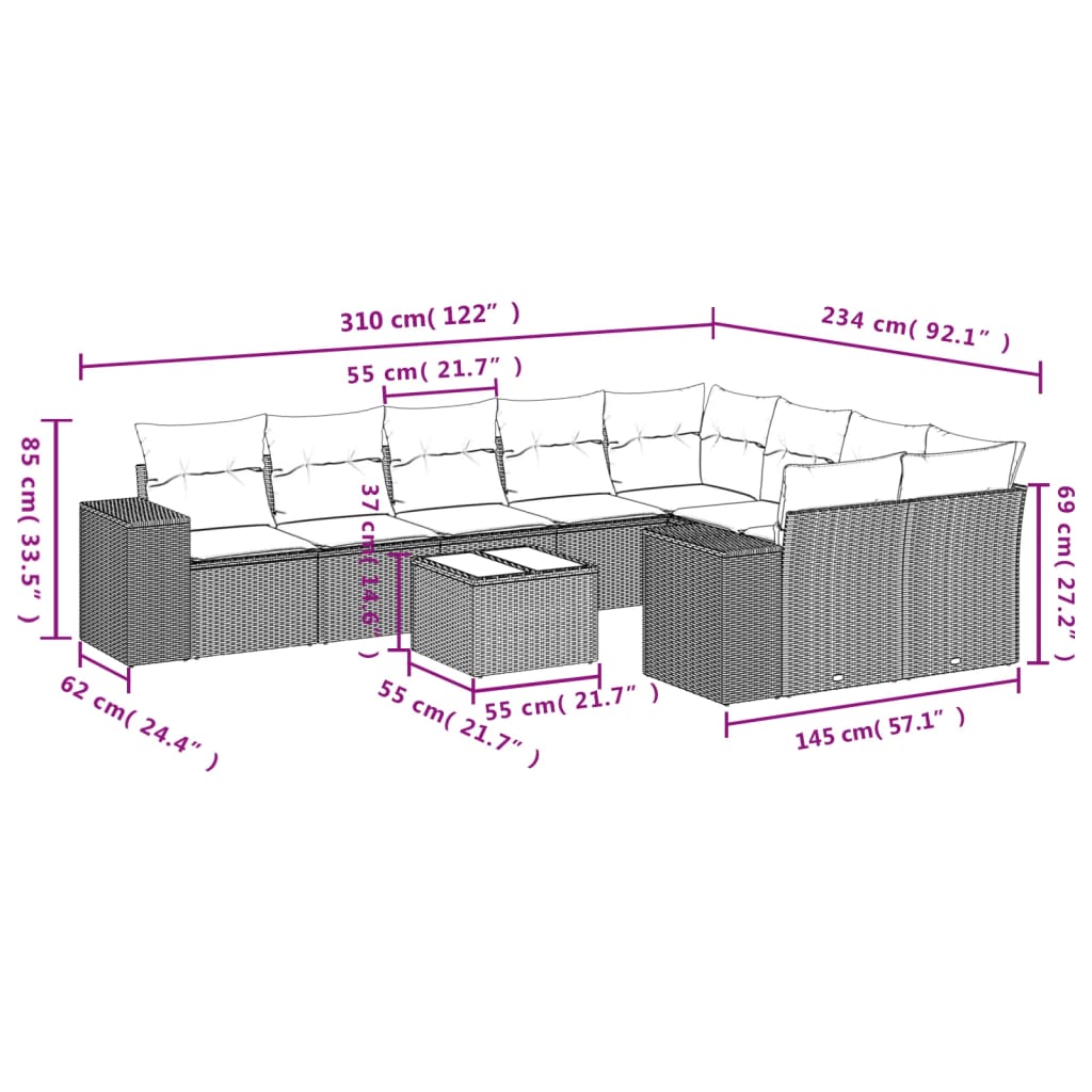 10-Delige Loungeset Met Kussens Poly Rattan Grijs