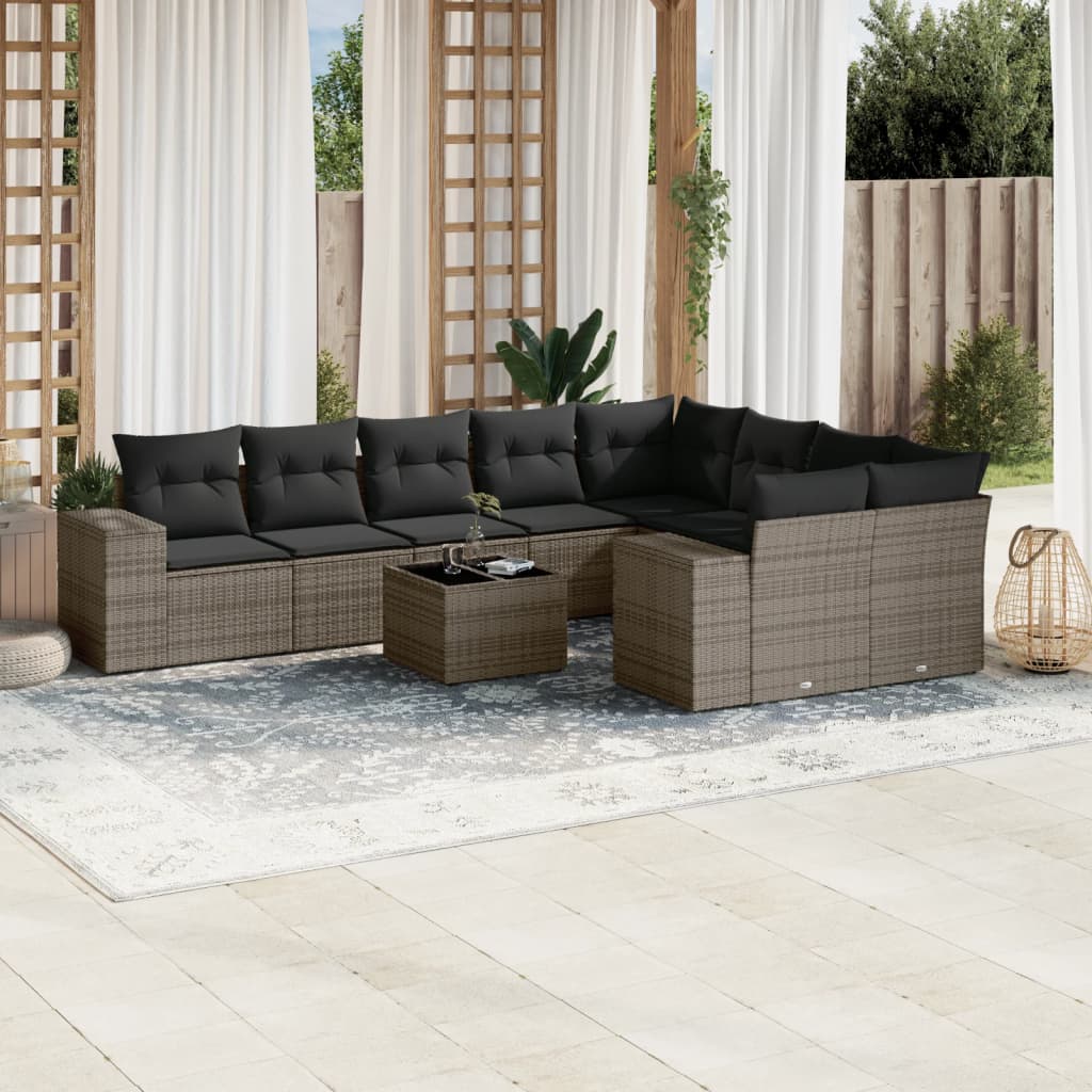 10-Delige Loungeset Met Kussens Poly Rattan Grijs