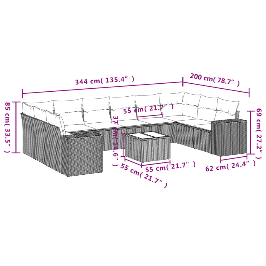 11-Delige Loungeset Met Kussens Poly Rattan Zwart