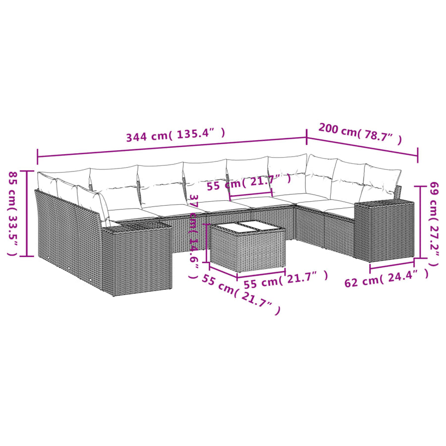 11-Delige Loungeset Met Kussens Poly Rattan Grijs