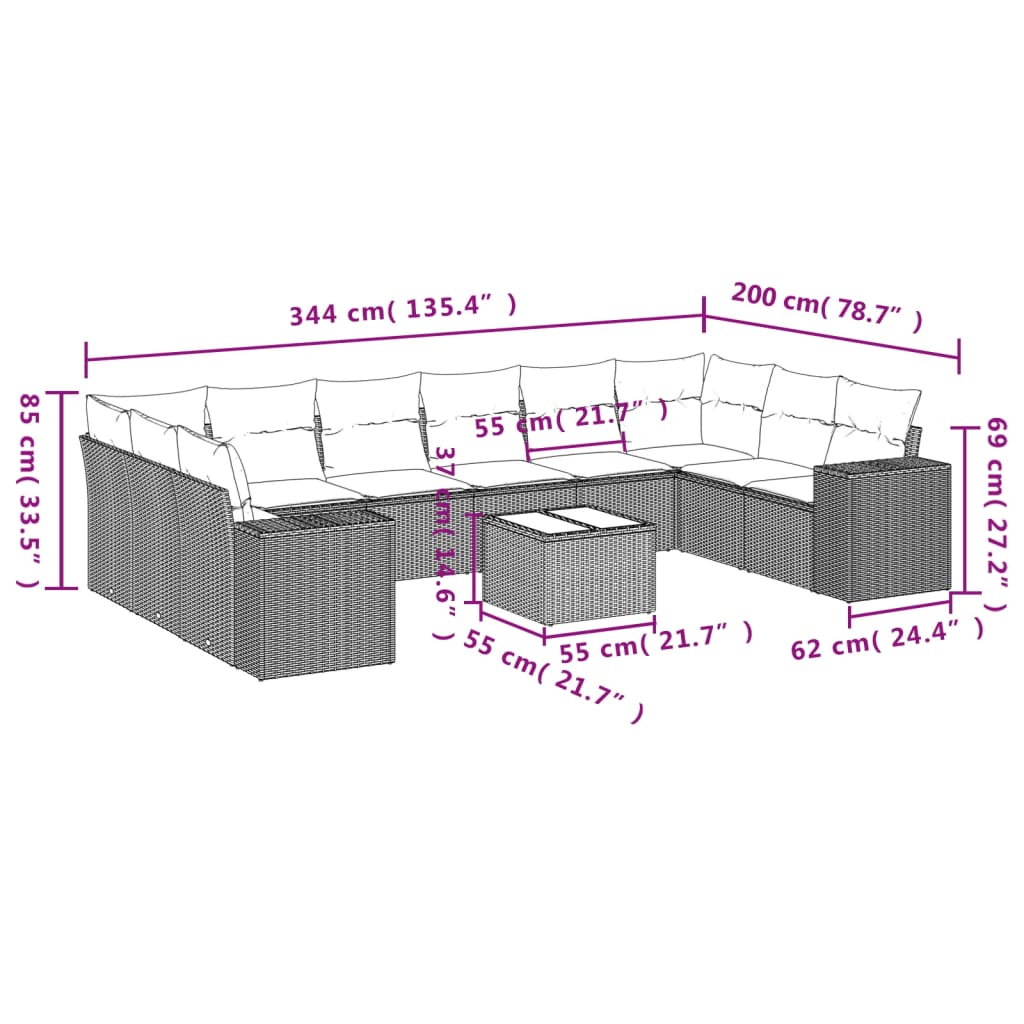 11-delige Loungeset met kussens poly rattan lichtgrijs