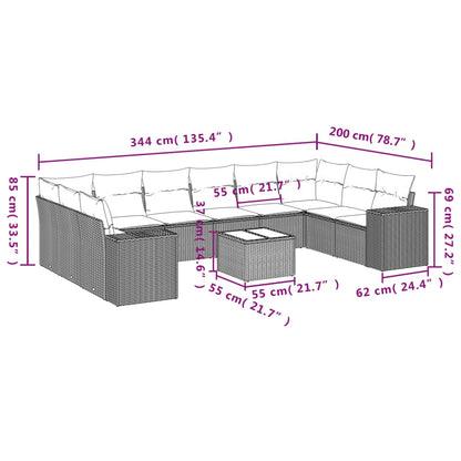 11-delige Loungeset met kussens poly rattan lichtgrijs