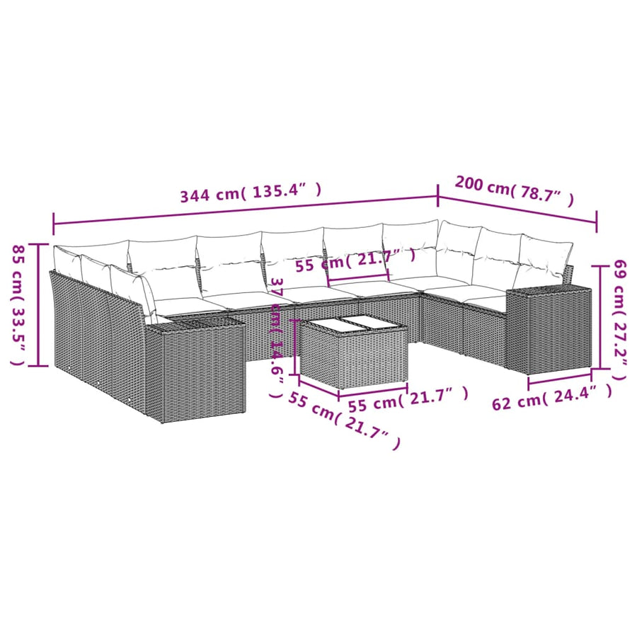 11-delige Loungeset met kussens poly rattan lichtgrijs