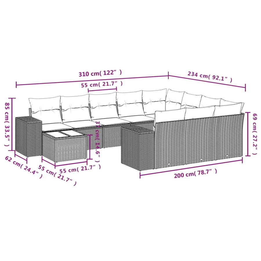 11-delige Loungeset met kussens poly rattan lichtgrijs