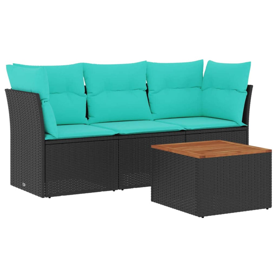 4-delige Loungeset met kussens poly rattan zwart