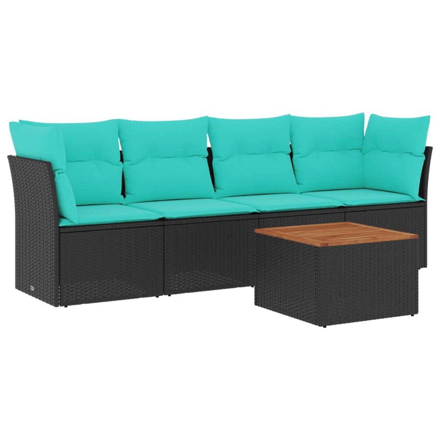 5-delige Loungeset met kussens poly rattan zwart