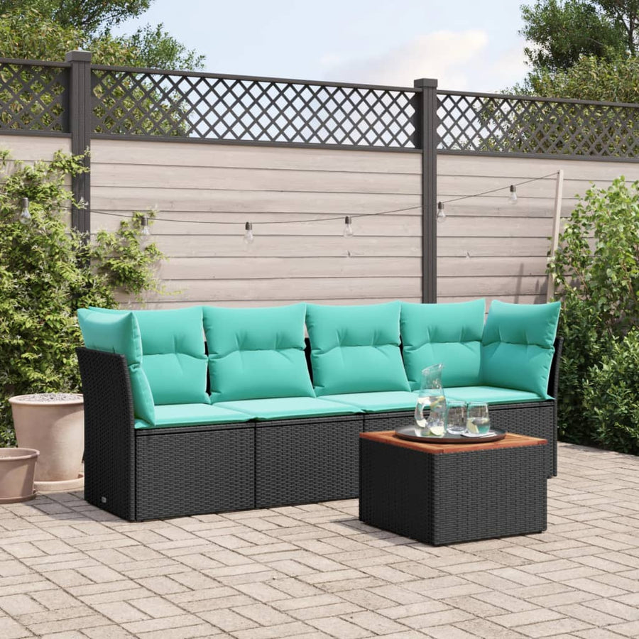 5-delige Loungeset met kussens poly rattan zwart