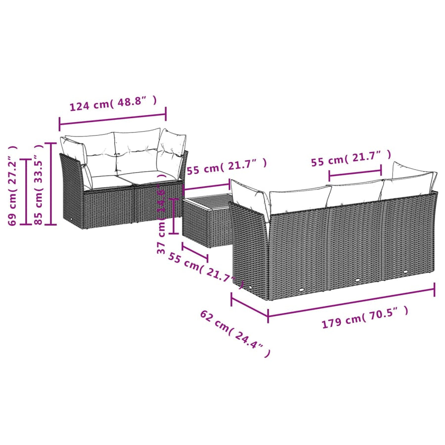 6-delige Loungeset met kussens poly rattan zwart
