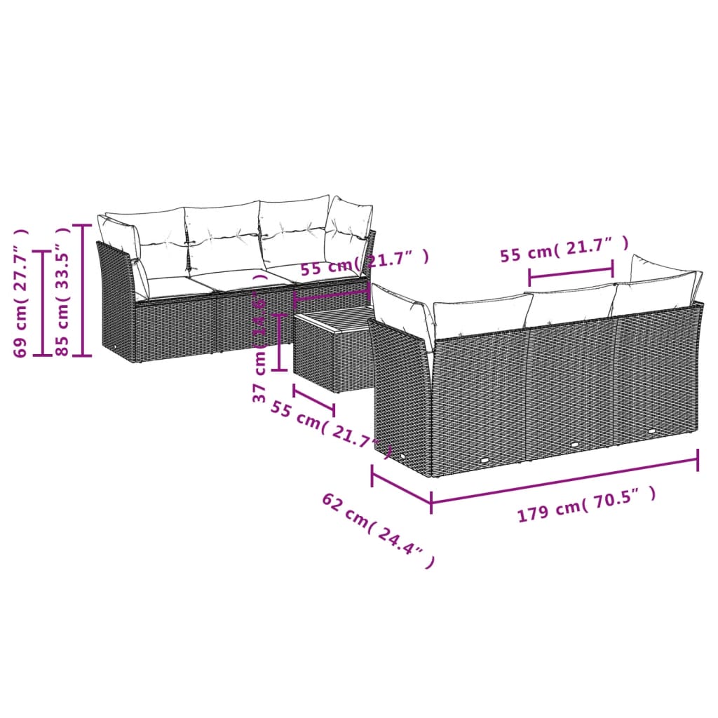 7-delige Loungeset met kussens poly rattan zwart