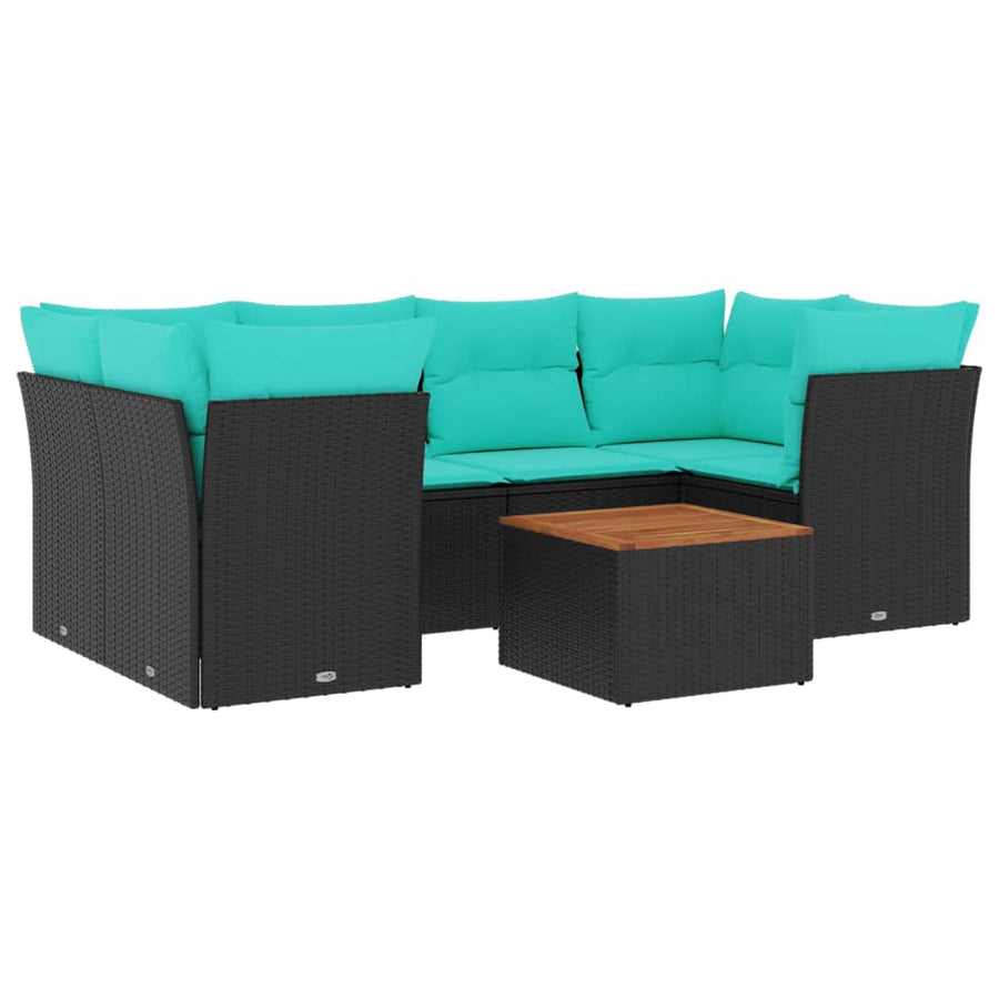 7-delige Loungeset met kussens poly rattan zwart
