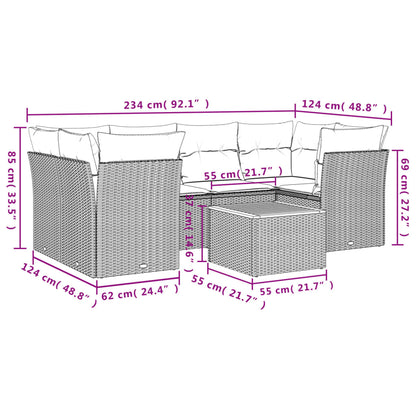 7-delige Loungeset met kussens poly rattan zwart