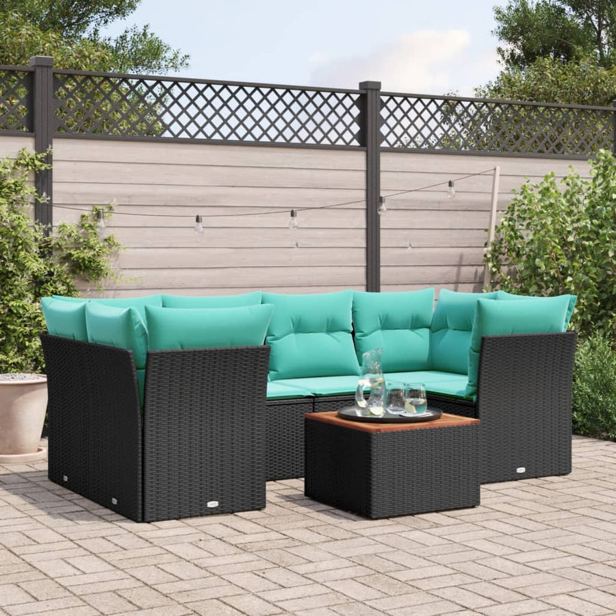 7-delige Loungeset met kussens poly rattan zwart