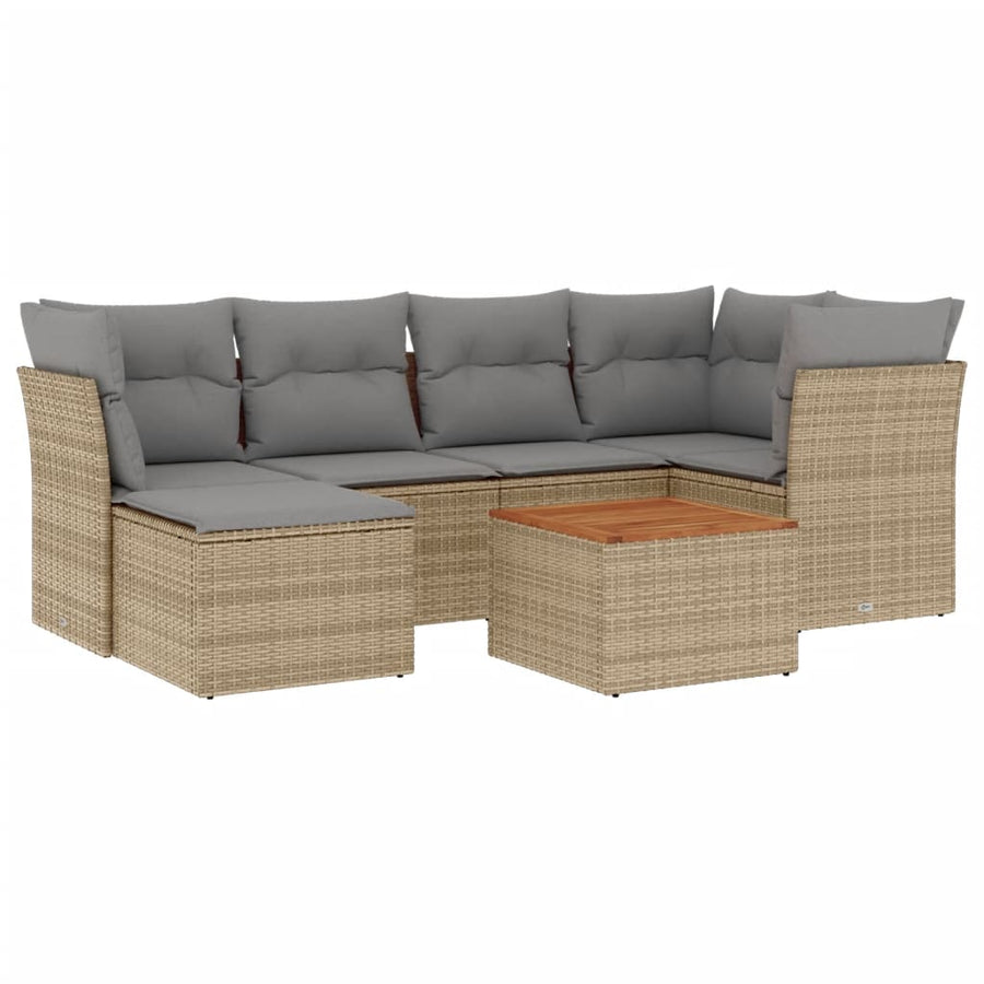 7-Delige Loungeset Met Kussens Poly Rattan Gemengd Beige