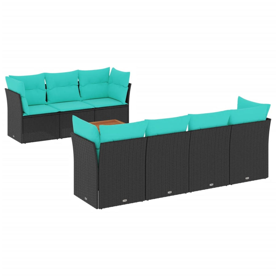 8-delige Loungeset met kussens poly rattan zwart