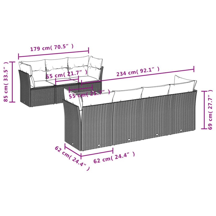 8-delige Loungeset met kussens poly rattan zwart