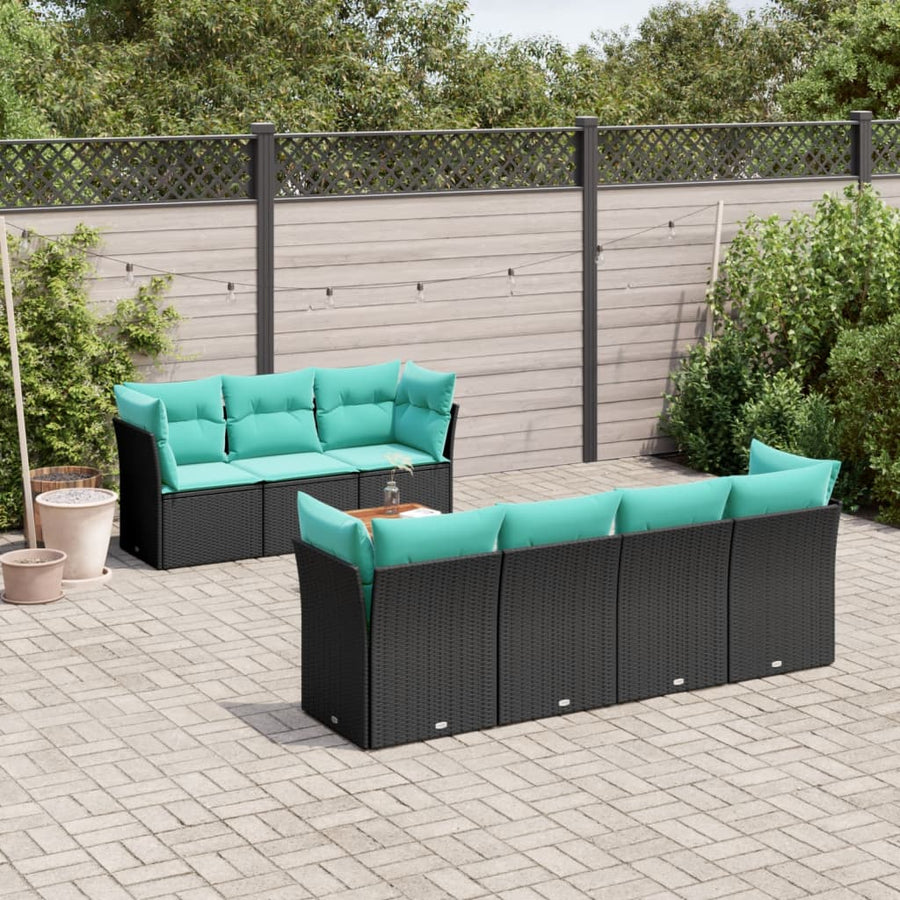 8-delige Loungeset met kussens poly rattan zwart