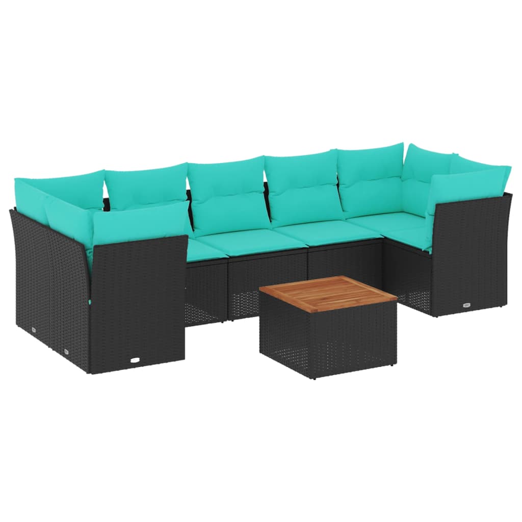 8-delige Loungeset met kussens poly rattan zwart