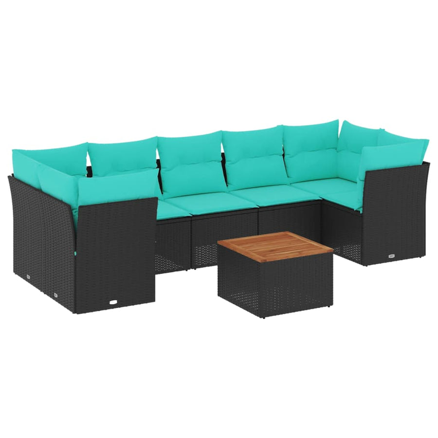 8-delige Loungeset met kussens poly rattan zwart