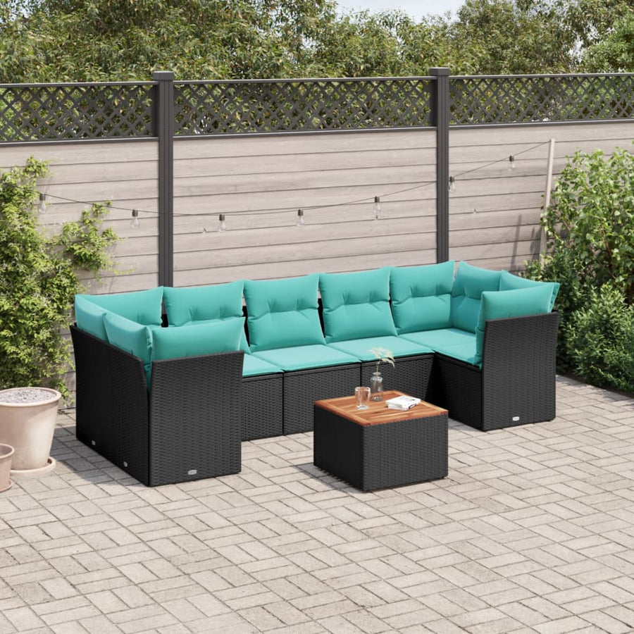 8-delige Loungeset met kussens poly rattan zwart
