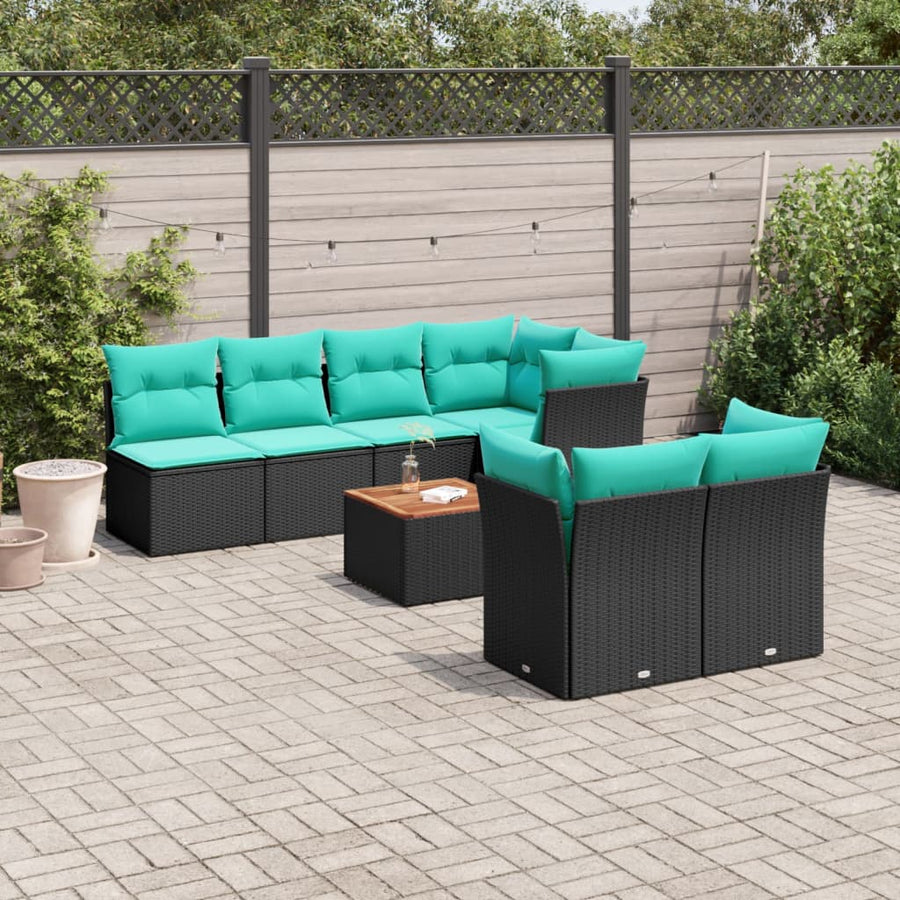 8-delige Loungeset met kussens poly rattan zwart