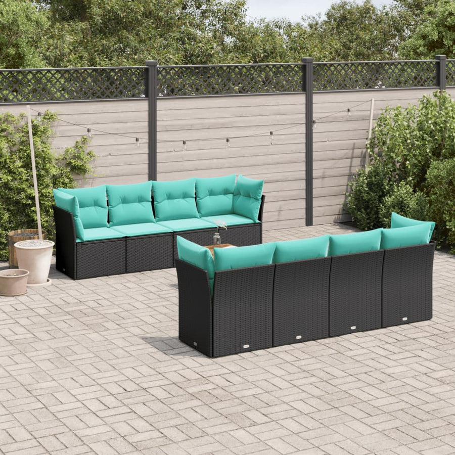 9-delige Loungeset met kussens poly rattan zwart