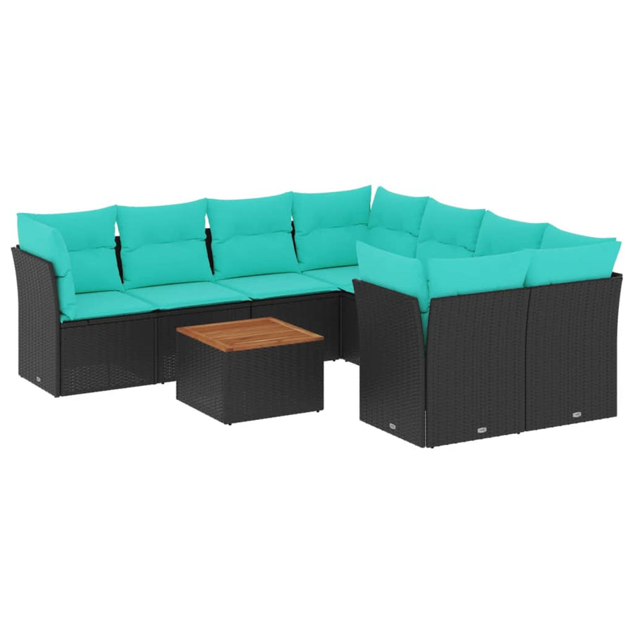 9-delige Loungeset met kussens poly rattan zwart