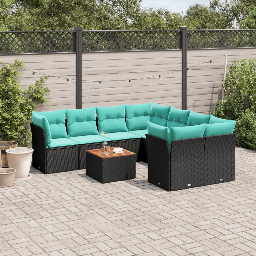 9-delige Loungeset met kussens poly rattan zwart
