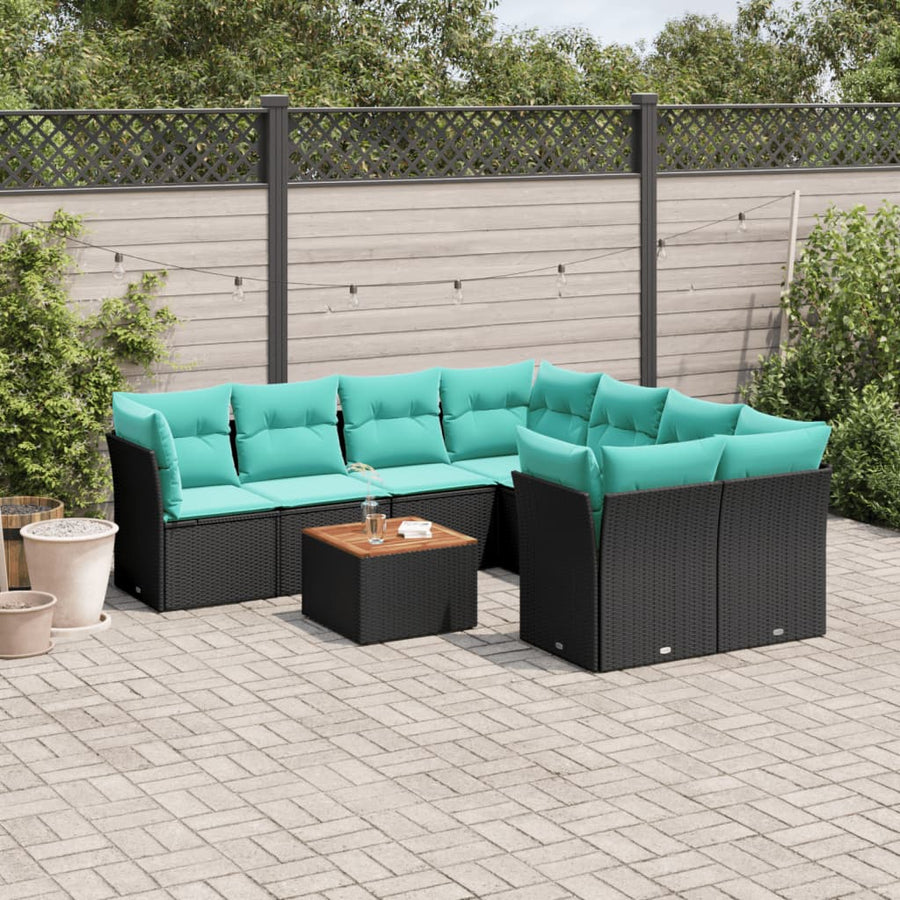 9-delige Loungeset met kussens poly rattan zwart
