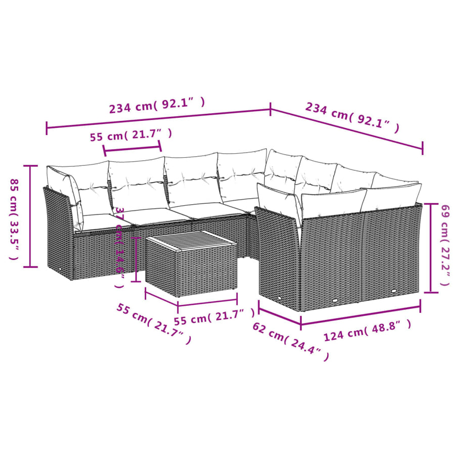 9-Delige Loungeset Met Kussens Poly Rattan Gemengd Beige