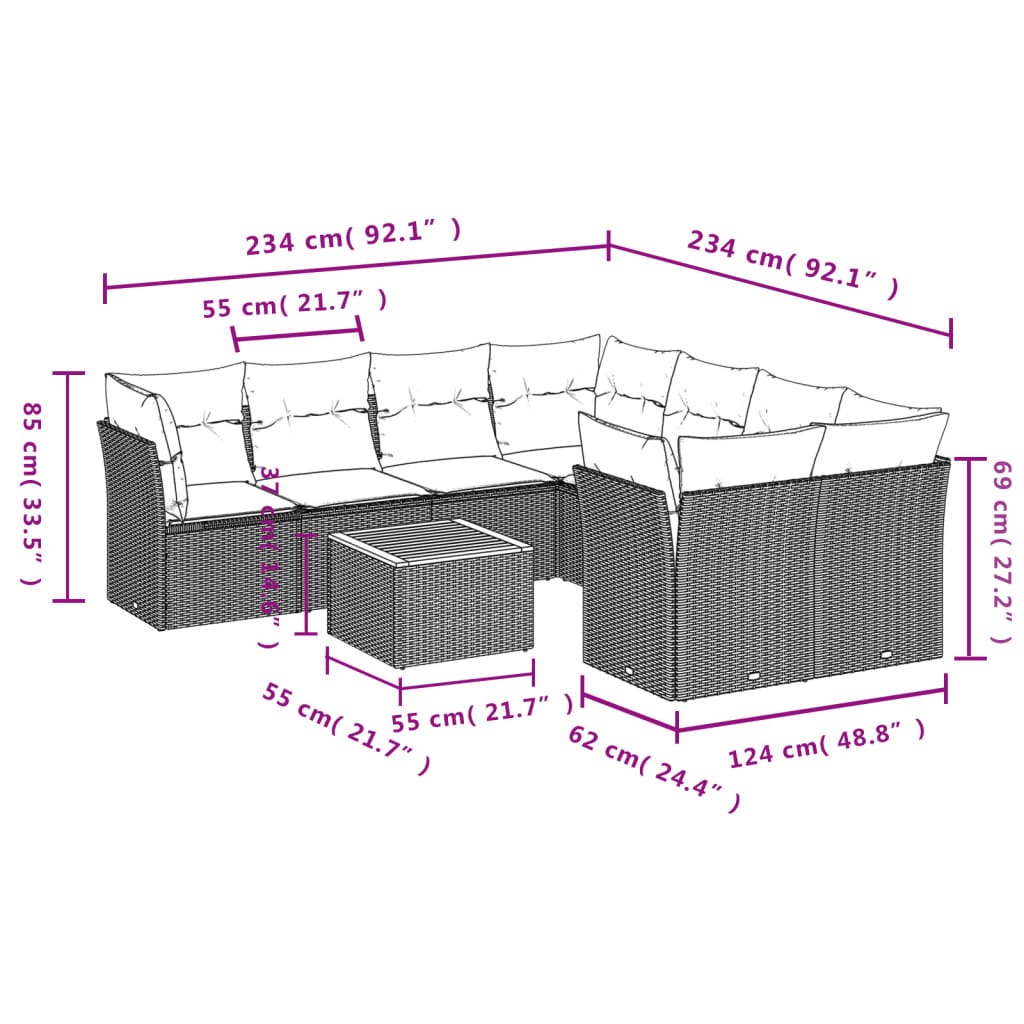 9-Delige Loungeset Met Kussens Poly Rattan 1 Grijs