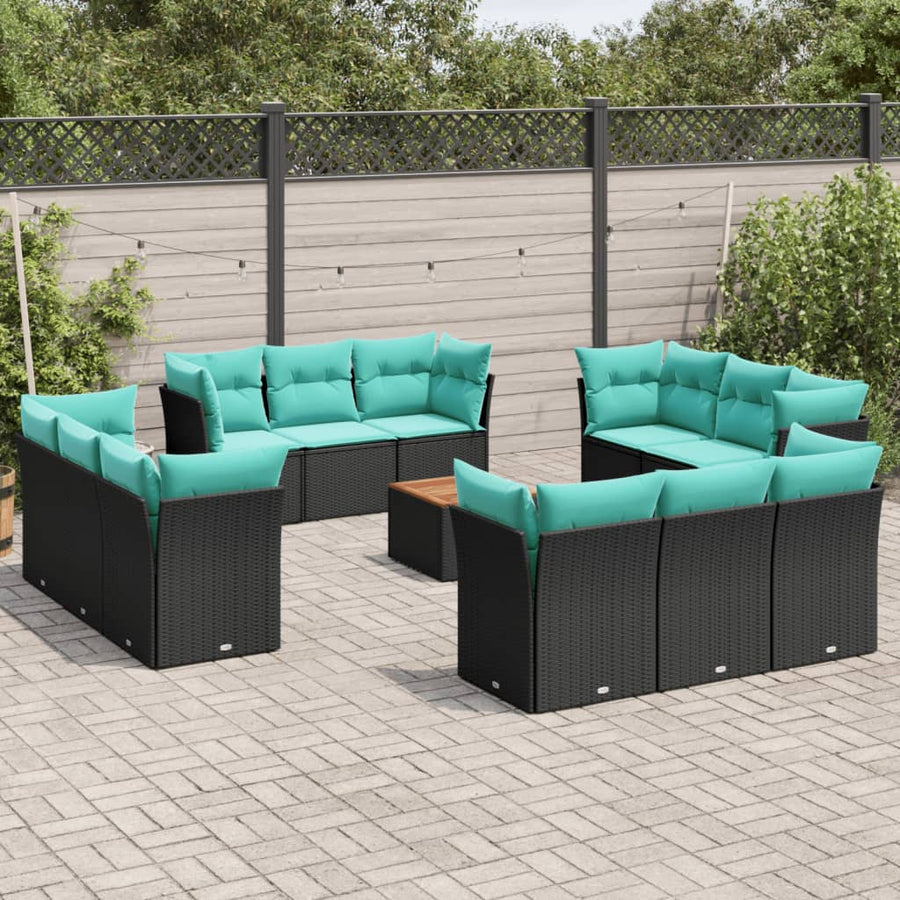 13-delige Loungeset met kussens poly rattan zwart
