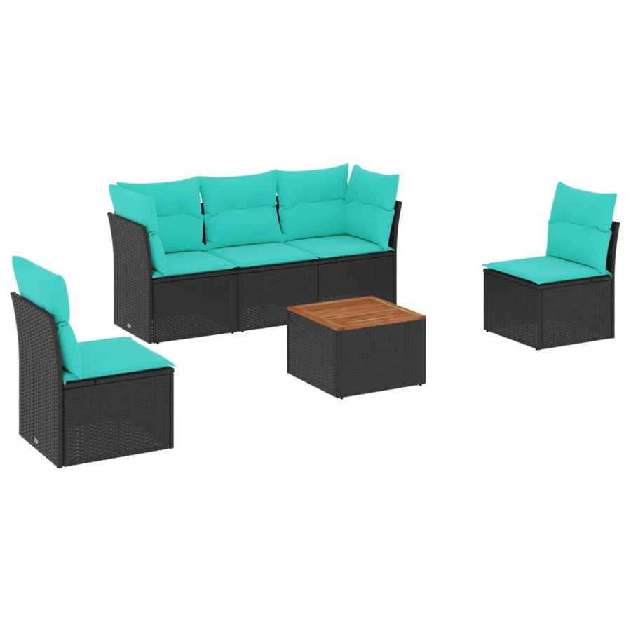 6-delige Loungeset met kussens poly rattan zwart
