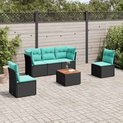 6-delige Loungeset met kussens poly rattan zwart