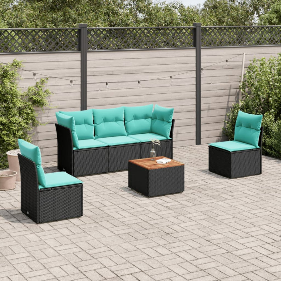 6-delige Loungeset met kussens poly rattan zwart