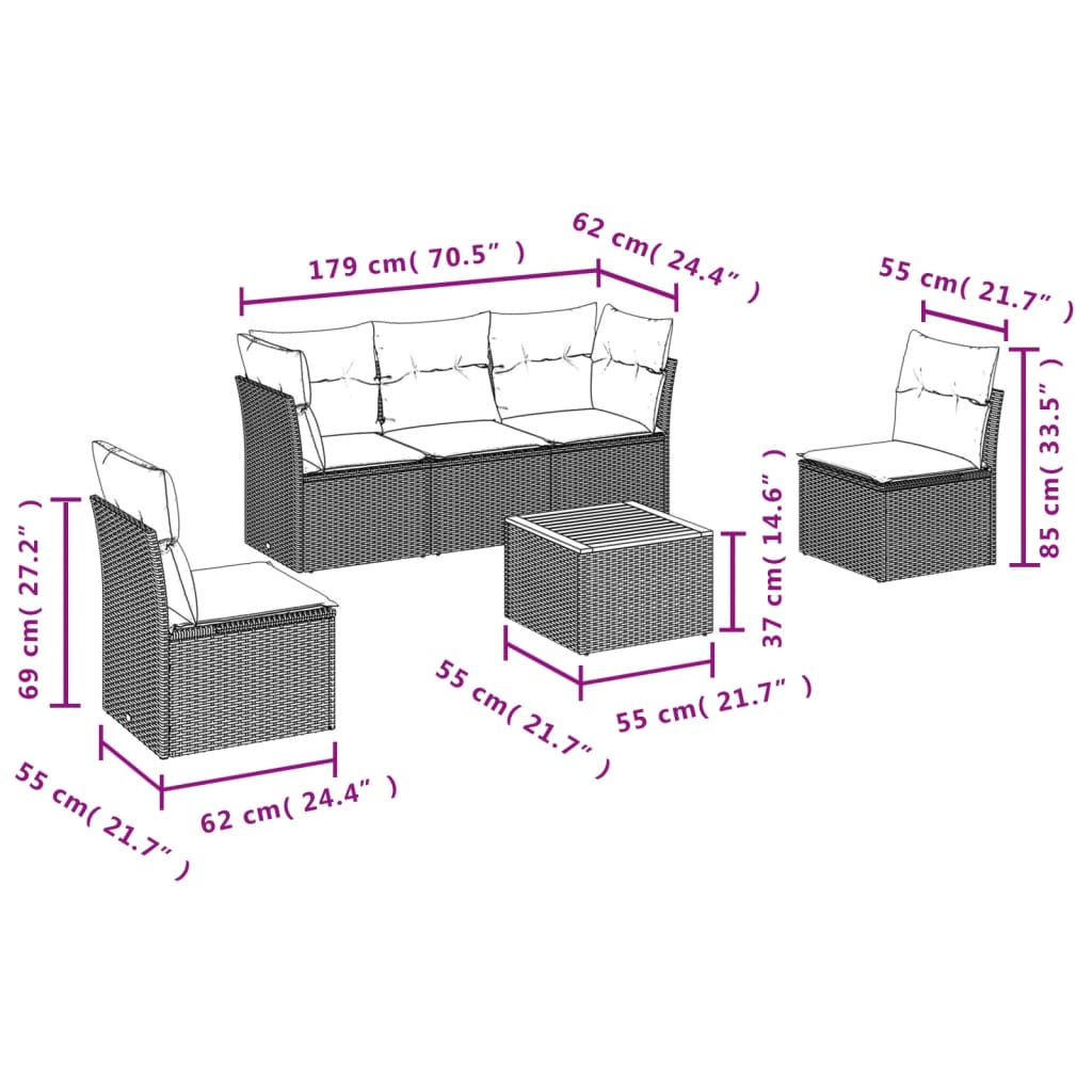 6-Delige Loungeset Met Kussens Poly Rattan Beige