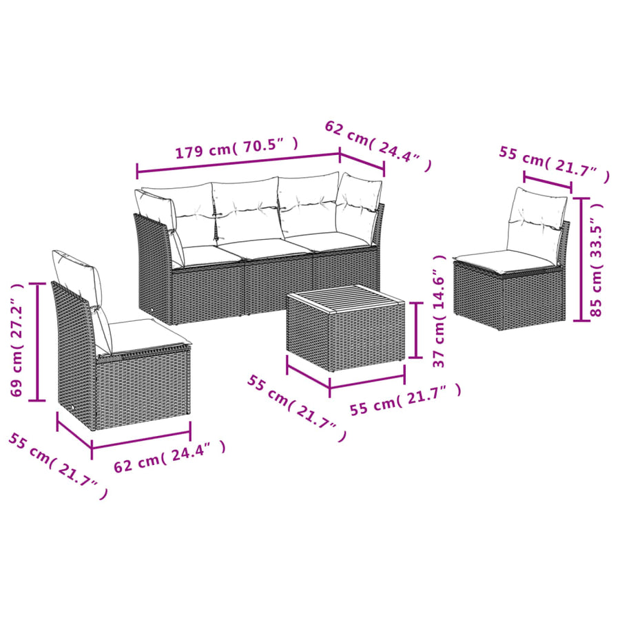 6-Delige Loungeset Met Kussens Poly Rattan Grijs
