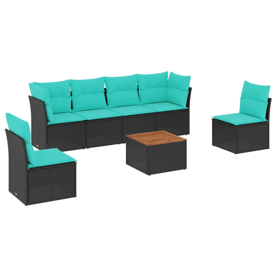 7-delige Loungeset met kussens poly rattan zwart