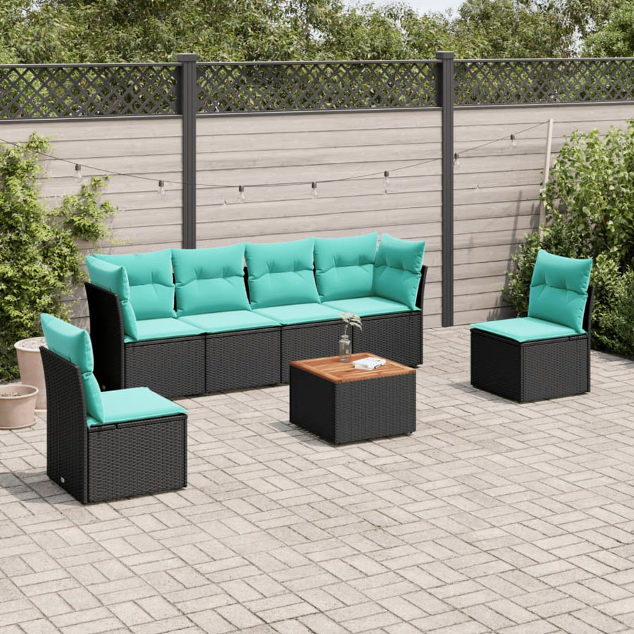 7-delige Loungeset met kussens poly rattan zwart